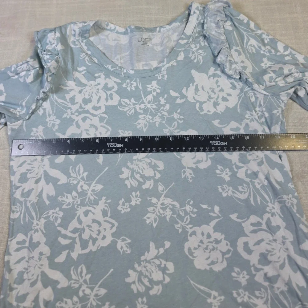 Loft Outlet Blue Floral Ruffle Shoulder Long Sleeve Top Large